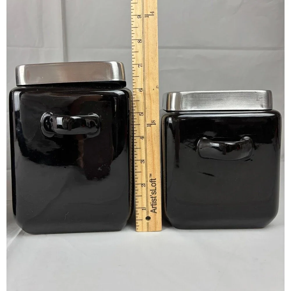 Oggi 4 pc Black Square Ceramic Canister Set w/ Stainless Steel Lids